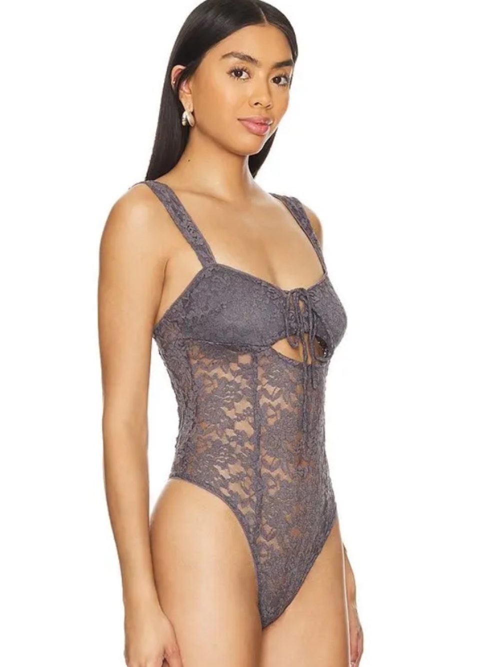 Free People Charcoal Lace Tie-Front Square-Neck Bodysuit Strike A Pose Size M - Picture 3 of 11